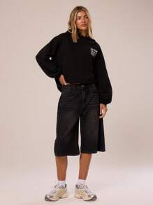 MUSERA Logo Text Graphic Spring Patch Oversized Hoodie Relaxed Sweatshirt Hoodie Back To School Winter Cosy Cute Casual Everyday Y2K Streetwear Capsule Wardrobe Tracksuit Black Spring - Black - View 5