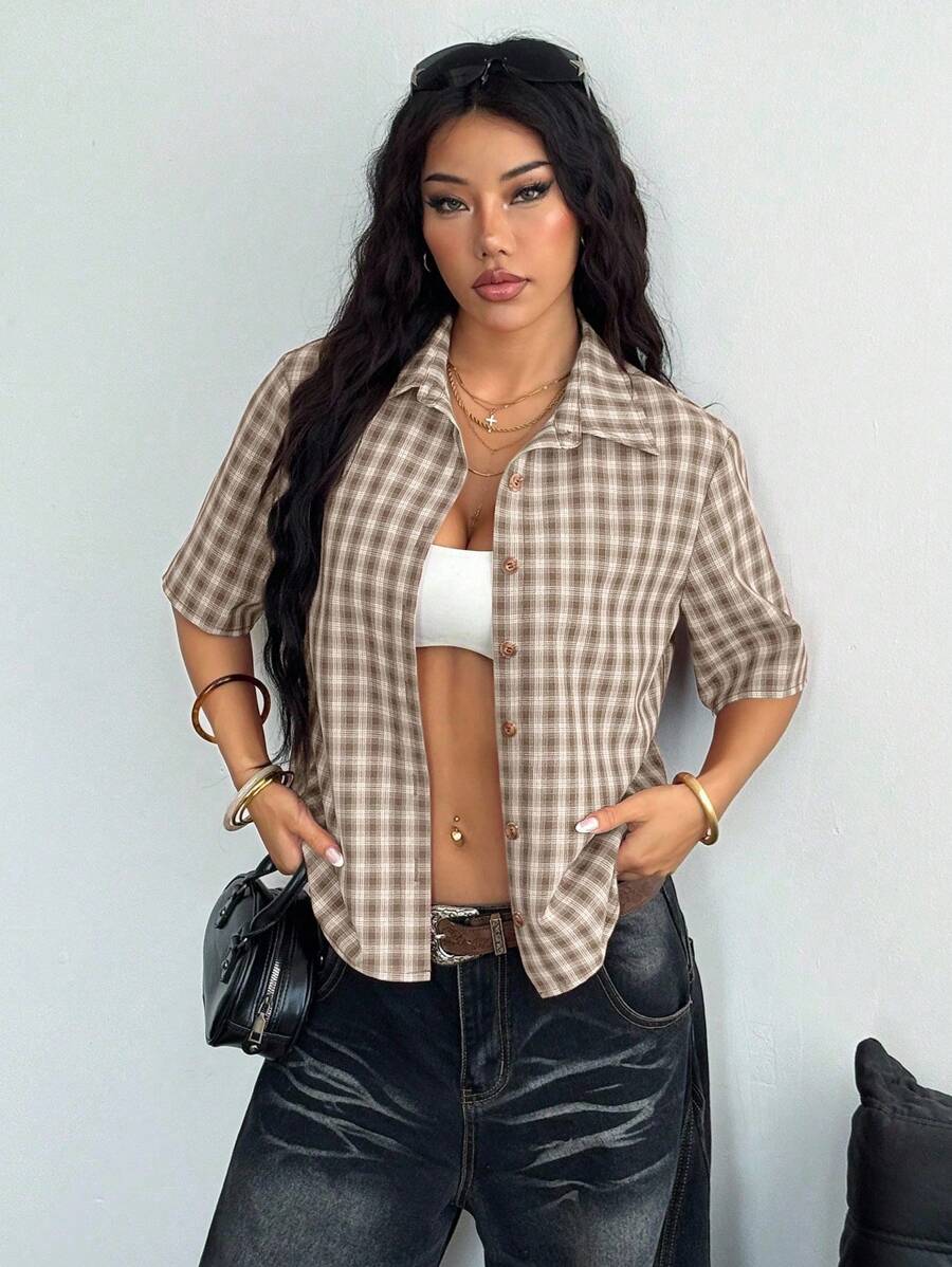SHEIN HypeZone Streetwear Women's Plaid Zip Pocket Short Sleeve Shirt - Khaki - View 1
