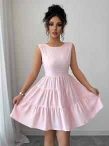 Elenzga Women's Solid Color Bowknot Decor Round Neck Sleeveless Fashion Dress - Pink - View 4