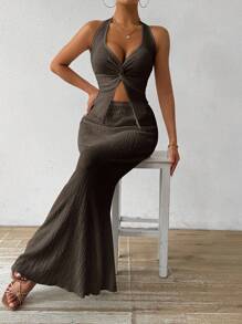 Rafferiza Women's Summer Solid Color Twisted Front Slit Hem Halter Neck Vest And Mermaid Skirt Fashion 2pcs Set Sexy Long Dressbodycon Long Dressbrown Long Dressbrown Two Pieces Setmocha Dress - Coffee Brown - View 3
