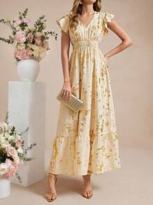 Amorya 女士优雅褶皱盖袖收腰连衣裙，适合日常下午茶聚会和多种场合，秋季 - 彩色 - 查看 5