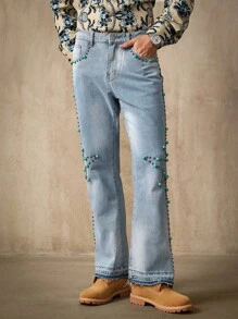 RivetRise Quần jeans ống loe túi đính ngọc trai giả cho nam - Rửa nhẹ - Xem 4