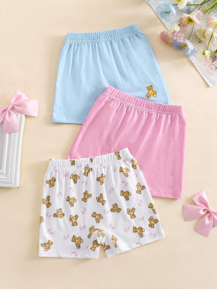 3 件套年轻女孩可爱熊和蝴蝶印花针织短裤，休闲分层内衣套装，春夏 - 彩色 - 查看 1