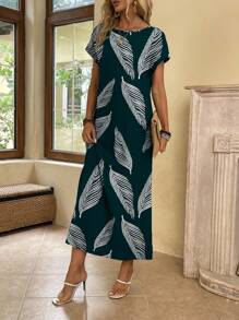 SHEIN LUNE Casual Minimalist Versatile Fresh Leaf Print Pattern Women's Dress, Spring/Summer Suitable For Going Out - Multicolor - View 4
