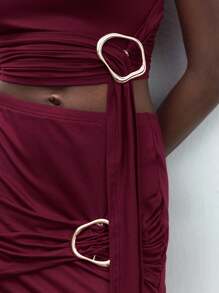 Maija Women Red Summer Outfit Oblique Shoulder Metal Buckle Tie-Front Fitted Crop Top And Elastic Waist Metal Buckle Elegant Music Festival Holiday Party Two Pieces Skirt Set - Red - View 7