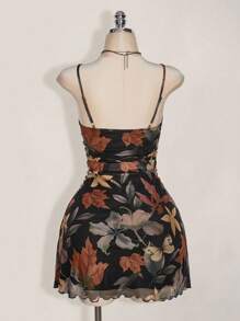 SHEIN ICON Vestido de tamaño talla grande grande para mujer con estampado vintage de hojas de arce con volantes, apto para vacaciones o vuelta al colegio, adecuado para verano