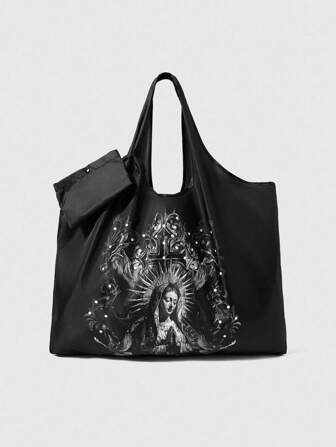 Goth 1 pezzo Borsa a tracolla pieghevole e impermeabile con disegno di Vergine Maria, adatta per campeggio, viaggio, shopping, ritorno a scuola e altro