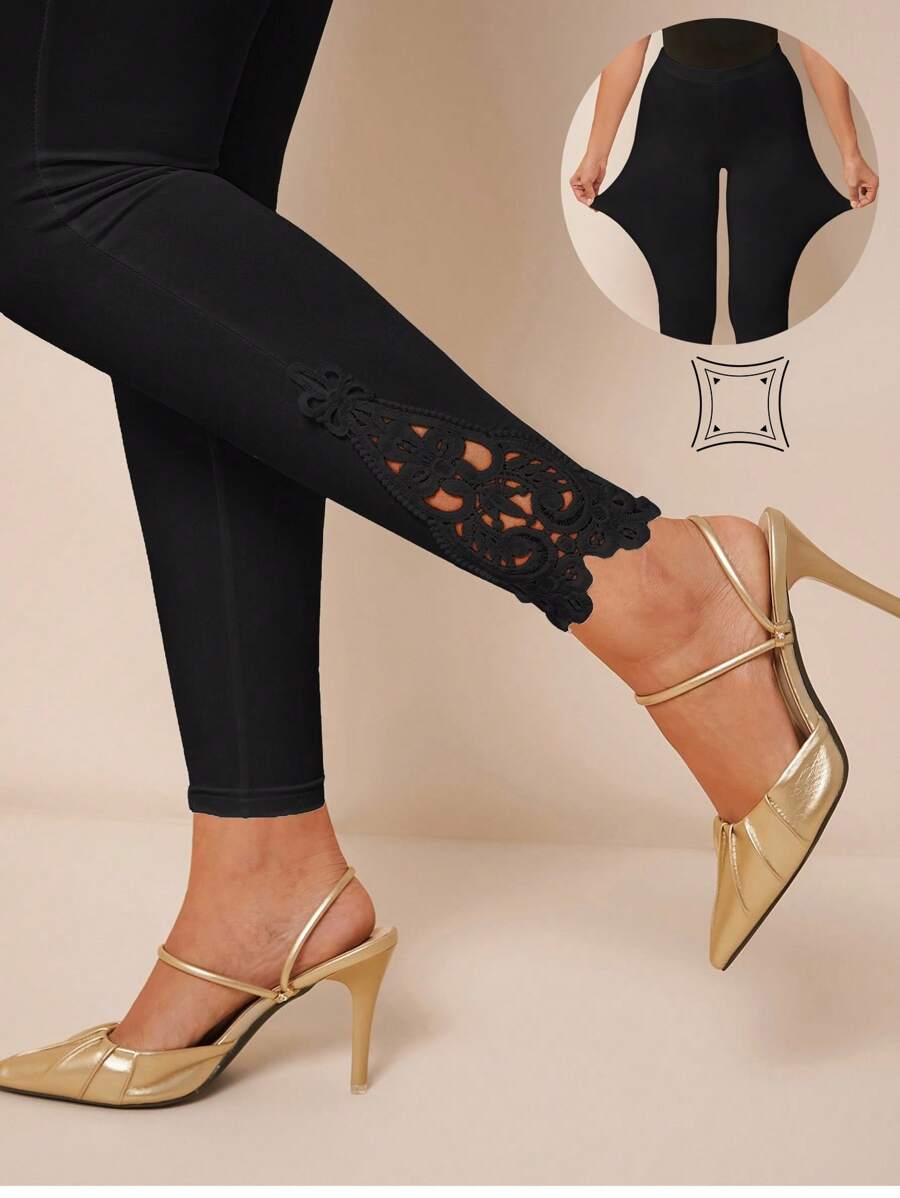 Amorya Quần legging nữ cạp chun, phối ren tương phản, thời trang đa năng, thích hợp cho mùa xuân, thu, đông, đi học, kiểu dáng kín đáo, cổ điển, dành cho giáo viên, phong cách sân bay, đẹp cho nữ. - màu đen - Xem 1