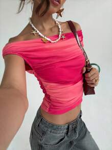 Aloruh Women's Fashion Ombre Off-Shoulder Ruched Fitted T-Shirt, Summer Beach Vacation Boho Tropical Concert Rave Festival Country Concert Ibiza Nashville Western Wear Streetwear Gyaru Cute Tops - Pink - View 6