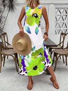 Breezaya 女士花卉印花圆领无袖宽松优雅别致连衣裙长款女装 - 彩色 - 查看 4