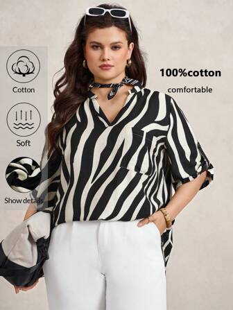 Zelara Plus Size Commute V-Neck Zebra Print Shirt Teacher Outfits For Fall/Fall Tops With Sleeves Business Casual Woman Work Blouse Business Blouse Navycore Outfits