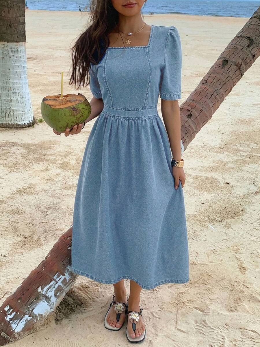 DAZY Western Style Square Neck Puff Sleeve Ruched Denim Dress For Women, Summer Sundress Vacation Outfits Women - Light Wash - View 1