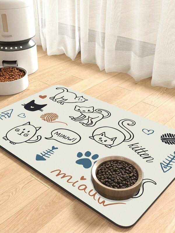 SHEIN Tapete para comida de animais de estimação com estampa de gato, adequado para alimentar e beber animais de estimação, tapete de alimentação para animais de estimação antiderrapante e absorvente com fundo de borracha