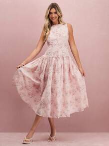 Enchnt Váy dài không tay thêu lỗ và họa tiết hoa màu hồng pastel lãng mạn dành cho nữ mùa thu/đông, Đầm dự tiệc cưới mùa thu - Hồng - Xem 3