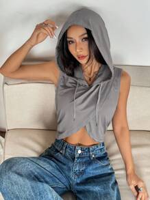 SHEIN Clasi 女式时尚灰色无袖连帽套头衫秋季