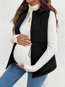 SHEIN 秋装，秋季服装，孕妇秋装，抽绳腰带拉链连帽背心黑色孕妇休闲外套 - 黑色 - 查看 6