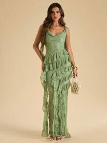 SHEIN BAE 秋季女装女士绿色细肩带露背荷叶边装饰 3D 花卉蕾丝连衣裙，鼠尾草绿色优雅女士蕾丝长裙，优雅节日连衣裙，返校连衣裙，女士婚礼宾客礼服，万圣节服装，女士生日服装 - 綠色 - 查看 4