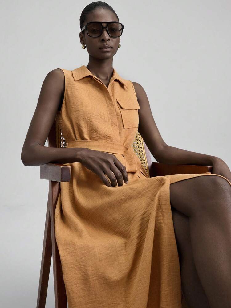 2025 New Arrival Women's Camel Summer Elegant Sleeveless Midi Dress,Minimalist Casual Shirt Dress For Work,Urban Chic Office Wear,Old Money Style