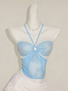 SHEIN ICON Women's Blue Lace, Sequin & Mesh Splice Front Circular Ring Tie Ruched Hollow Slim Sexy Camisole For Summer - Blue - View 5