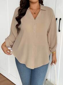 SHEIN Frenchy 大码女式白色雪纺衬衫，时尚宽松半透明休闲衬衫，2025年春夏新品 - 杏色 - 查看 3