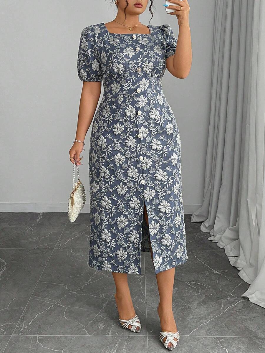 Modelyn Plus Size Elegant Jacquard Puff Sleeve Dress For Summer - Blue - View 1