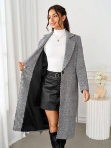 Ellevyn 女士优雅长袖中长款灰色外套，适合秋冬日常穿着，长款格纹/人字纹大衣 - 黑與白 - 查看 12