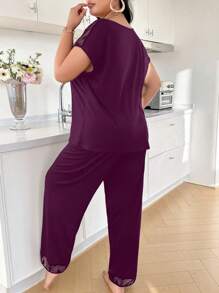 DUSKBASE Plus Size European & American Design Hollow Lace Patchwork Notch Neck Women Casual Sleepwear Set, Outfits - Red Violet - View 2