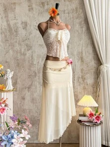 Firerie Women's Elegant Romantic New Beach Holiday Lace Up Ruffle Trim Shell Tassel Halter Tank Top, Summer - Apricot - View 6