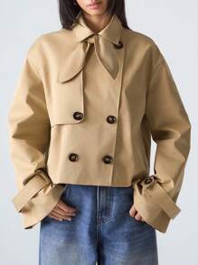 LYSMO Women's Khaki Tie Neck & Drop Shoulder Double Breasted Casual H-Line Trench Coat For Minimalist, Streetwear, Stockholm Style, 2025 Autumn Outerwear - Khaki - View 4