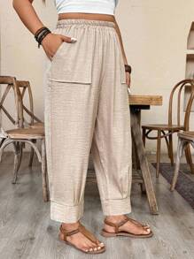 Breezaya Plus Size Casual Solid Color Linen-Look Pants Fall Cloth For Women - Khaki - View 1
