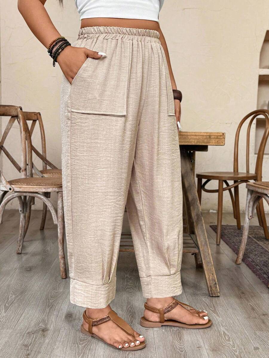 Breezaya Plus Size Casual Solid Color Linen-Look Pants Fall Cloth For Women - Khaki - View 1