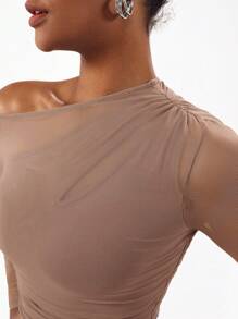 Cheerfulab Asymmetrical Keyhole Off-Shoulder Sheer Mesh Bodysuit Women Vacation Spring & Summer Beach - Khaki - View 6