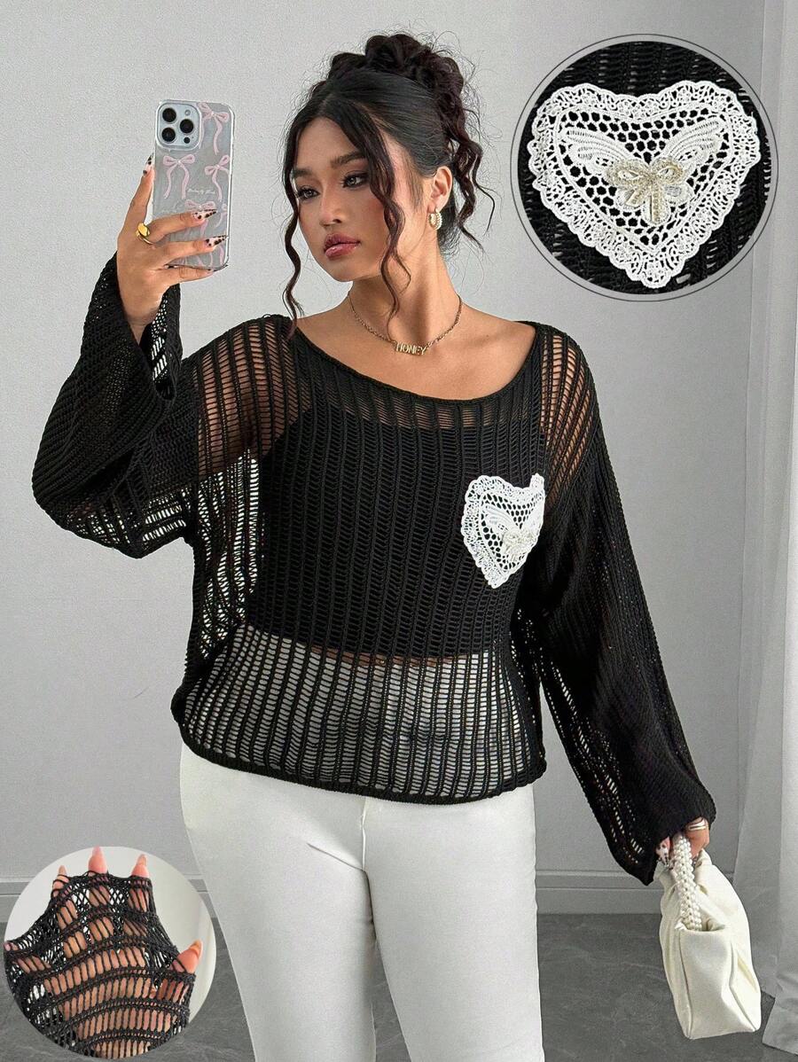 Elenzga Suéter feminino plus size com bolso vazado e manga comprida, versátil e sensual, primavera/outono