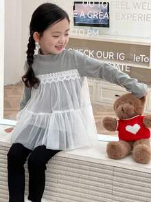 DAZY Young Girls Contrast Color Mesh Long Sleeve Korean Style T-Shirt