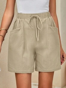 SHEIN LUNE Women Solid Color High Waist Drawstring Double Pocket Loose Casual Shorts