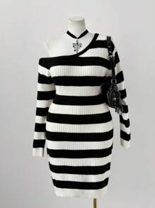 Sunspun New Comfortable Asymmetrical Neck Striped Long Sleeve Sweater Dress Fall Winter Cloth For Women Autumn