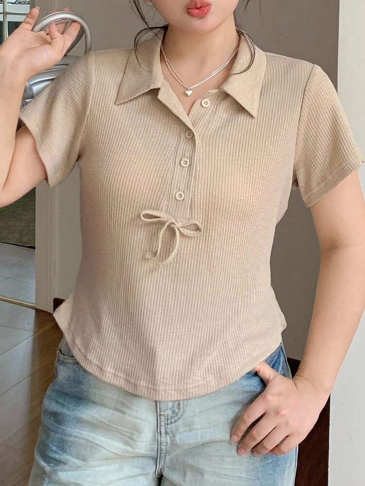 Dazy Plus Elastic Ribbed Collar Half-Open Bowknot Tie Short Sleeve Wrap Plus Size Women T-Shirt