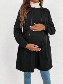 SHEIN Maternity Solid Color Drawstring Hooded 3-In-1 Nursing Jacket - Black - View 5