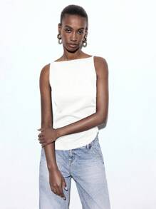 Maija Áo ba lỗ hở vai cổ thuyền màu trắng viền bất đối xứng hở hông cho nữ, trang phục thường ngày/công sở đa năng - trắng - Xem 2