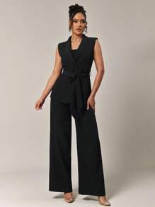Silquee Chaleco sin mangas de oficina o para ir al trabajo, de unicolor simple, con cuello redondo y cinturón para mujer - Negro - Ver 9