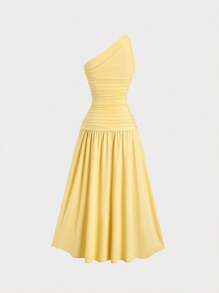Sweetra 1pc Women's Summer Pale Yellow Asymmetrical Neck Split Maxi Dress - Yellow - View 2