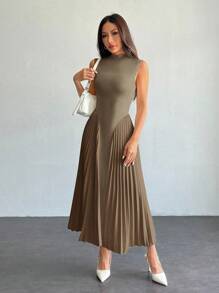 SHEIN PETITE 女款優雅百褶修身A字低腰連身裙，適合嬌小女性 - 卡其色 - 查看 7