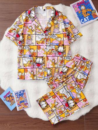 GARFIELD | SHEIN 女士短袖和长裤睡衣套装，卡通图案，图案，图形，可爱，粉色和黄色，休闲，百搭，家居服，休闲装，日常夏秋装