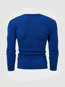 EURMUSE 男士罗纹针织几何图案圆领常规毛衣 - 寶藍色 - 查看 2