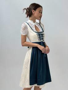 Aloruh 2025 新款啤酒节连衣裙巴伐利亚啤酒节传统服装绿色女式连衣裙蕾丝连衣裙啤酒节连衣裙女式波尔卡圆点印花拼布花卉刺绣网眼下摆无袖优雅连衣裙 - 藍色 - 查看 4