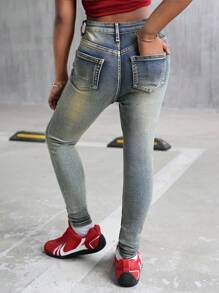 适合青少年女孩的破洞牛仔紧身牛仔裤 复古蓝色 - 中等水洗藍 - 查看 3