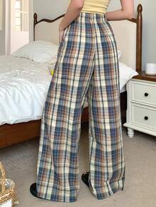 DAZY 格子宽松阔腿裤，女士家居服下装，秋季睡衣 - 藍色 - 查看 2