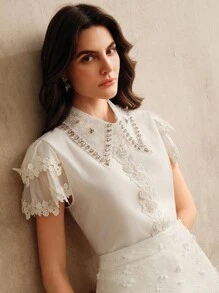 Anewsta Elaire Elegant Fashion Water-Soluble Lace Patchwork 3D Floral Embellished Blouse, Summer - Apricot - View 1