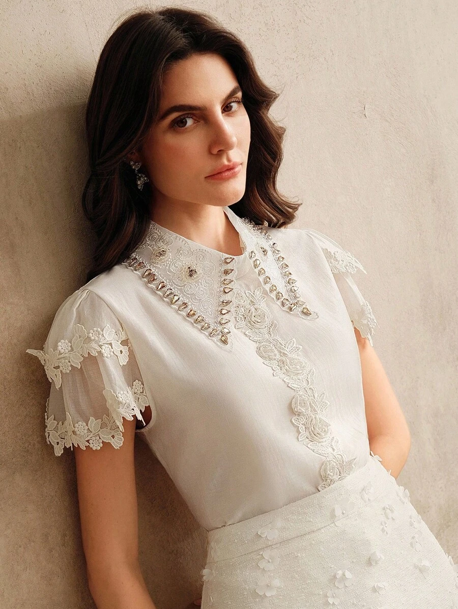 Anewsta Elaire Elegant Fashion Water-Soluble Lace Patchwork 3D Floral Embellished Blouse, Summer - Apricot - View 1