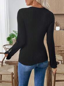 SHEIN LUNE Sudadera casual y versátil de unicolor con ribete de encaje, para primavera/otoño - Negro - Ver 2